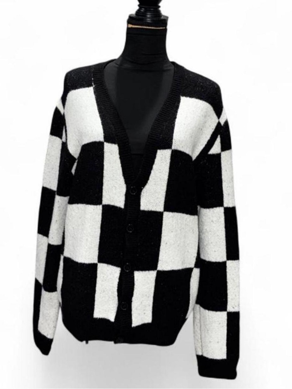 Fashion Nova Men's Black & White Checkerboard Cardigan